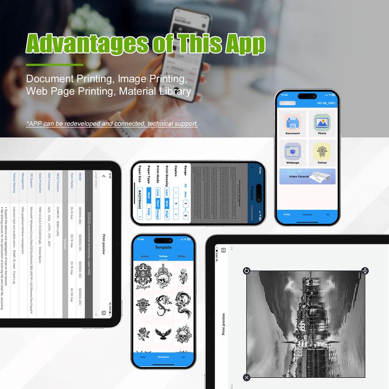 Portable Inkless, Supports A4 Paper Size, Prints Resumes, Music Sheets, Exam Papers, Compatible with iOS & Laptops, Portable Handheld Printer