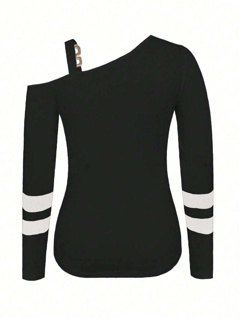 Women's Anchor Print Asymmetrical Neck Tee, Casual Long Sleeve T-shirt for Daily Wear, Ladies Clothes for All Seasons, Clothing