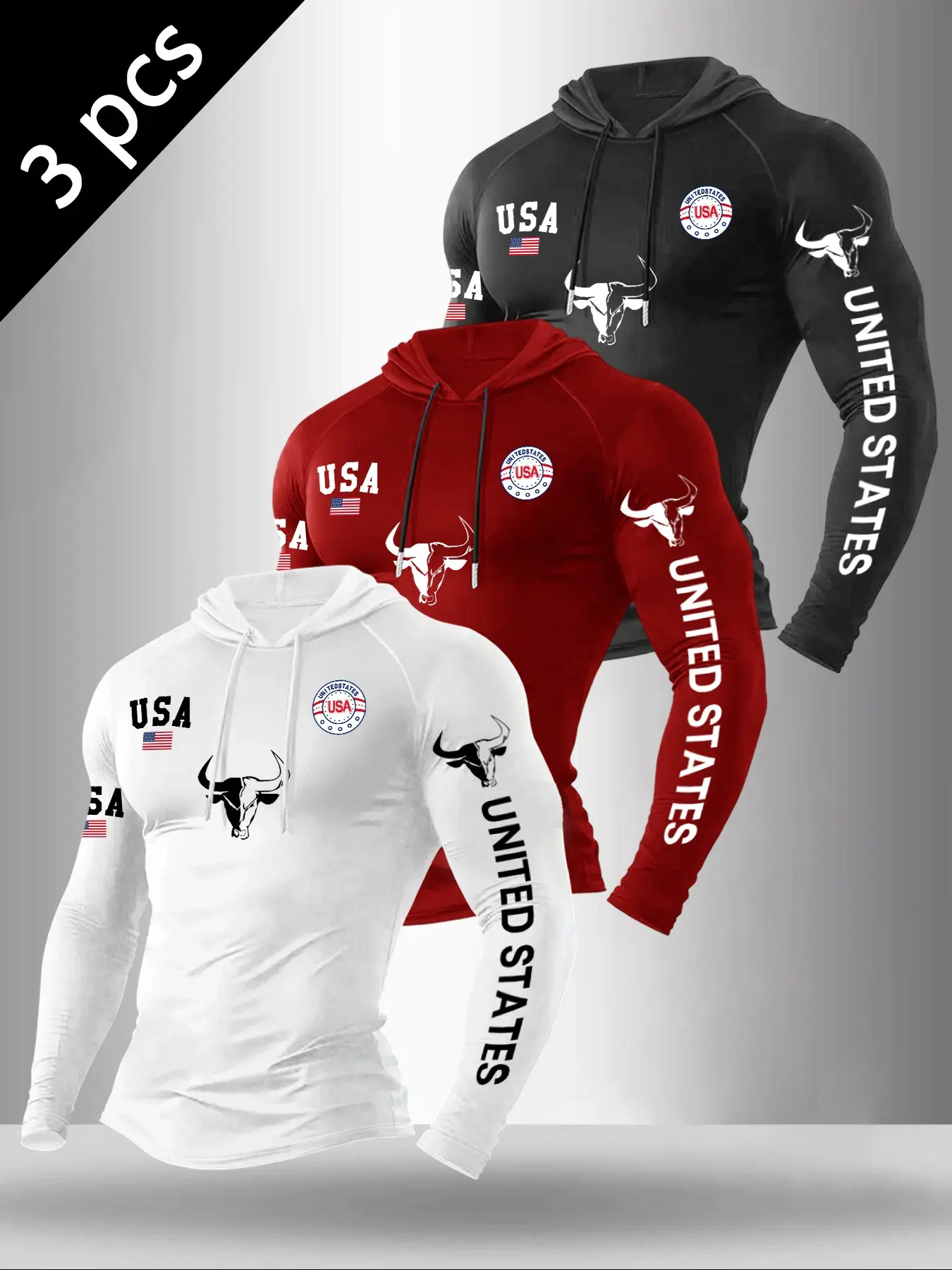 Men's Letter Bull Head Print Hooded Long Sleeve T-Shirt, Casual Versatile Top, Wearable All Year Round, Comfortable Fit