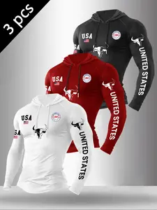 Men's Letter Bull Head Print Hooded Long Sleeve T-Shirt, Casual Versatile Top, Wearable All Year Round, Comfortable Fit