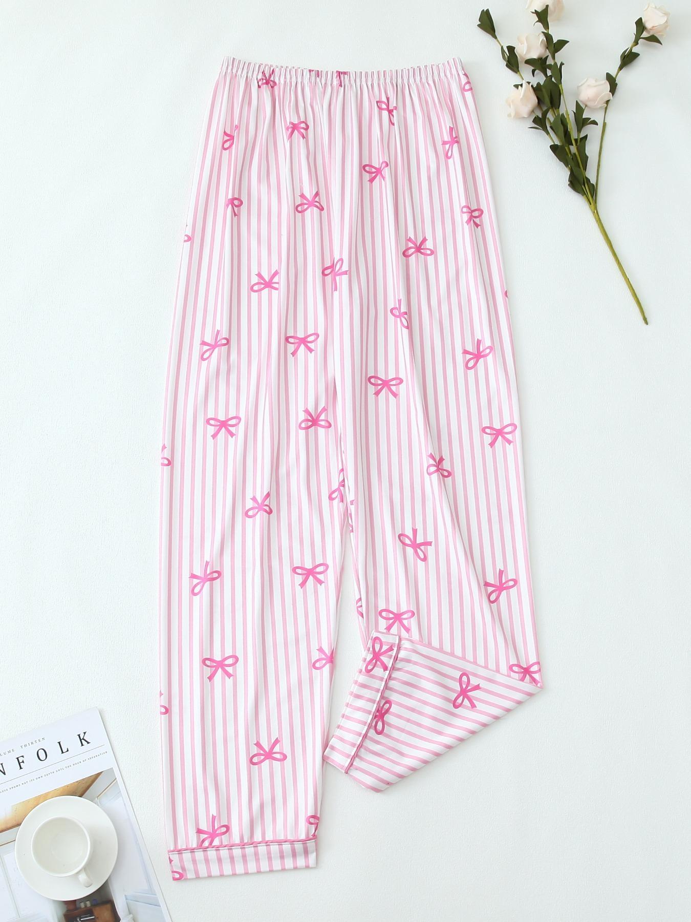 【Valentine Pajamas】Two-Piece Set Women's All Over Bow Print Button Front Shirt & Pants Pyjama, Casual Comfy Long Sleeve Lapel Neck Top & Trousers PJ Set, Women's Sleepwear for Spring & Fall