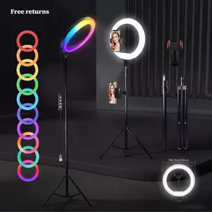 12" RGB LED Ring Light with Adjustable 63" Stand and Phone Holder, USB Powered Light with Color Modes and Dimmable Brightness for Video Recording, Makeup Tutorials, Product Photography, Home Office and #Summer Wins#Fathersdaygift