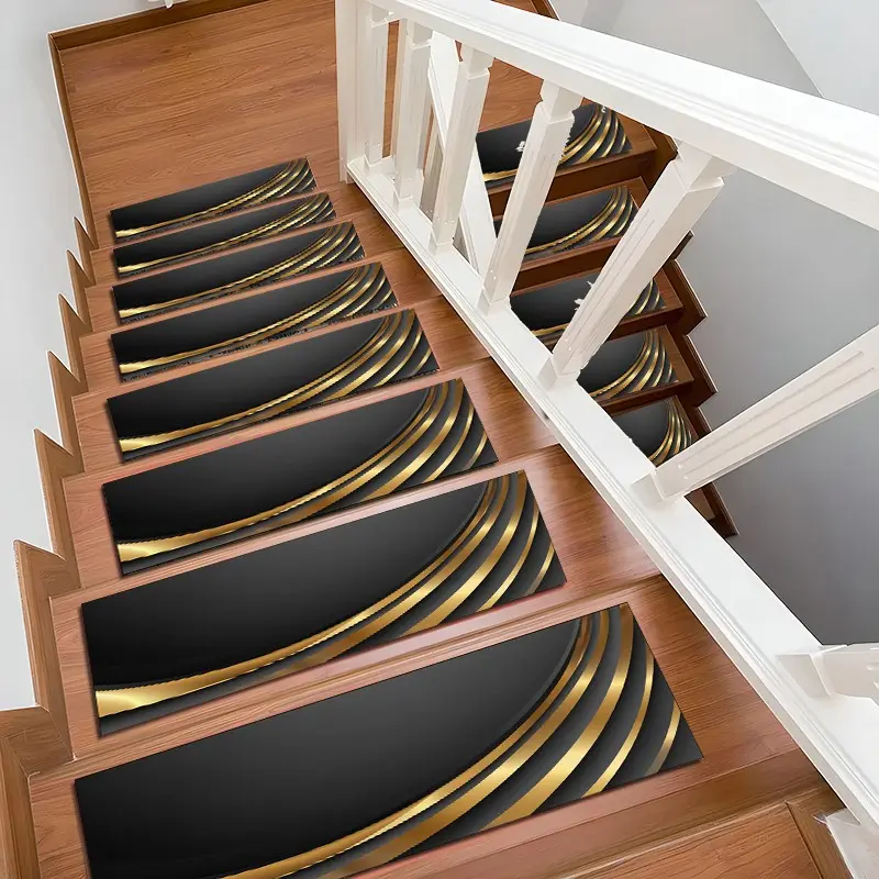 6/8/15 Piece Stair Mat Set, Matte Curved Lines, Indoor Outdoor Non-Slip Stair Tread Rug, Rubber Bottom, Perfect Home Decor