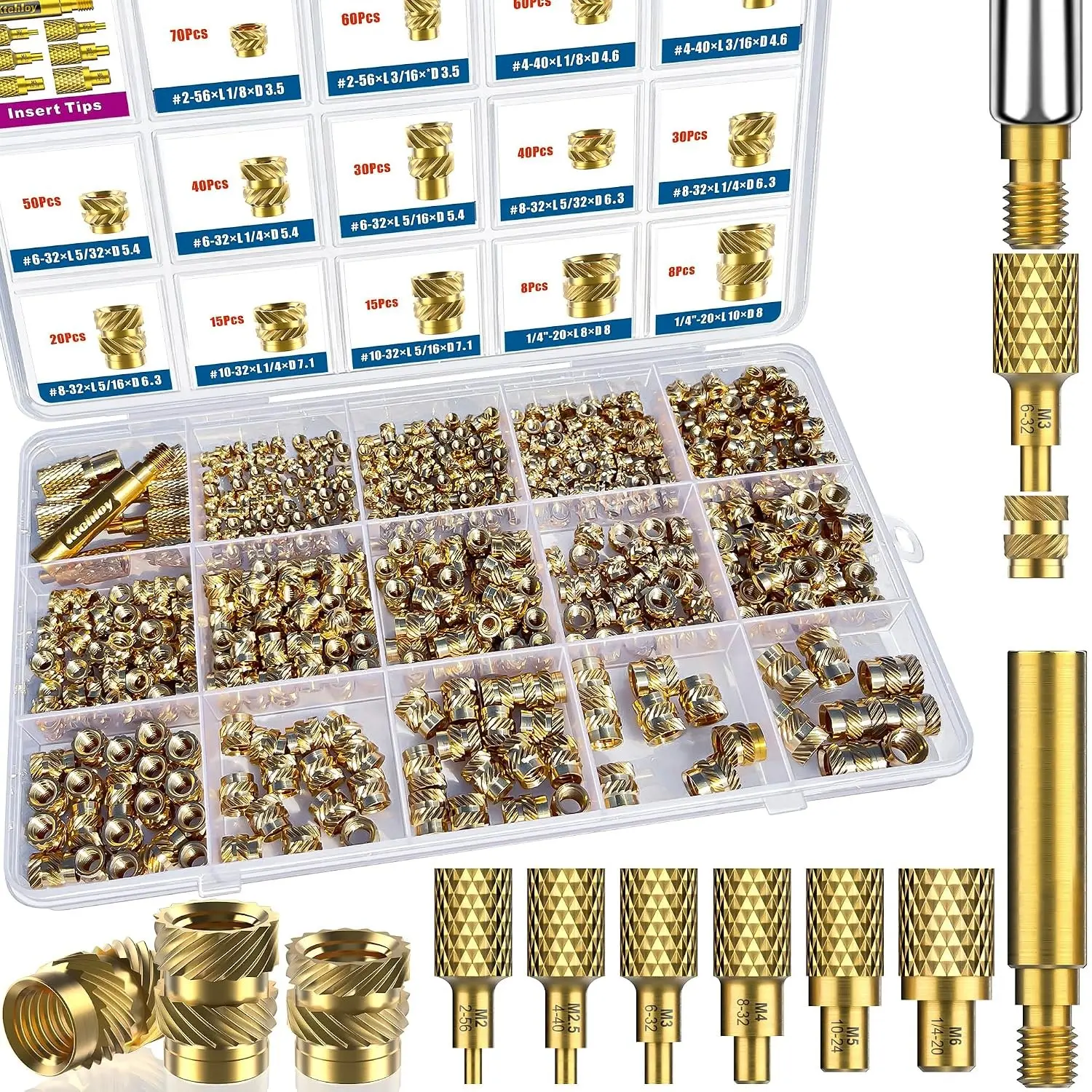 513Pcs SAE Threaded Inserts Assortment Kit, #2-56 #4-40 #6-32 #8-32 #10-32 1/4"-20 Female Thread Knurled Nuts, Brass Heat Set Insert for Plastic and 3D Printing Components