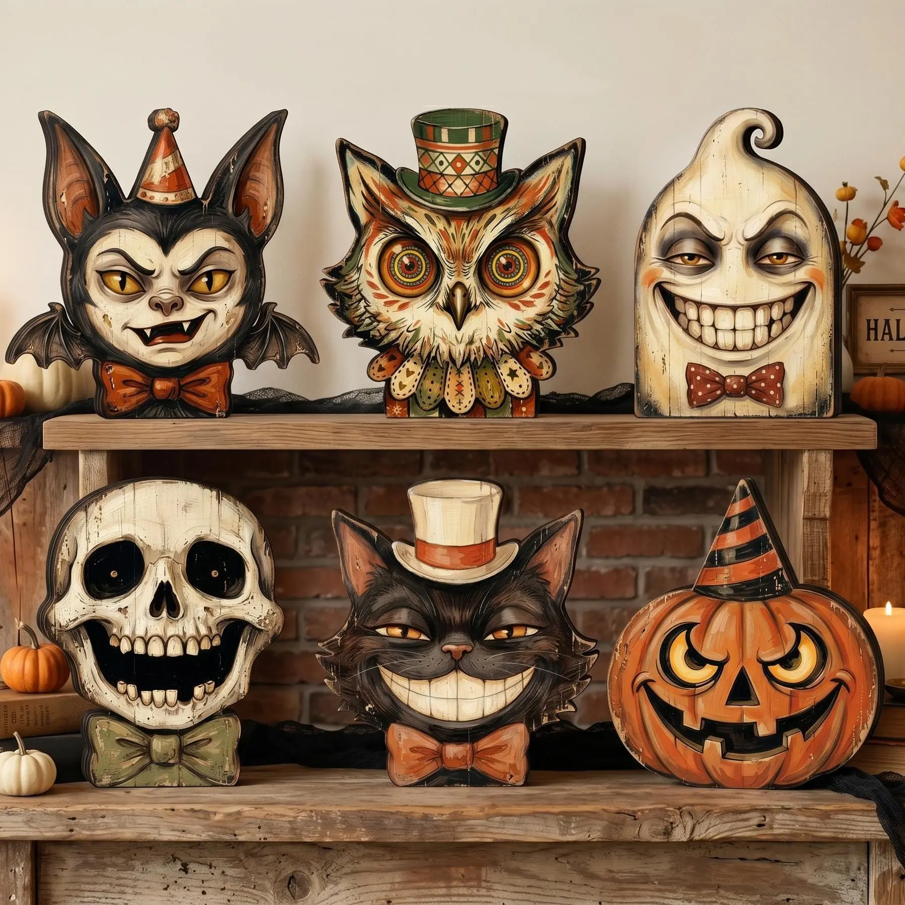 Vintage Halloween Indoor Decorations, Fall Seasonal Ornaments, Retro Wooden Blocks for Bookshelf, Ghosts, Cats, Pumpkins, Skulls, Witches, Cats, Owls, Zombies, Vampires