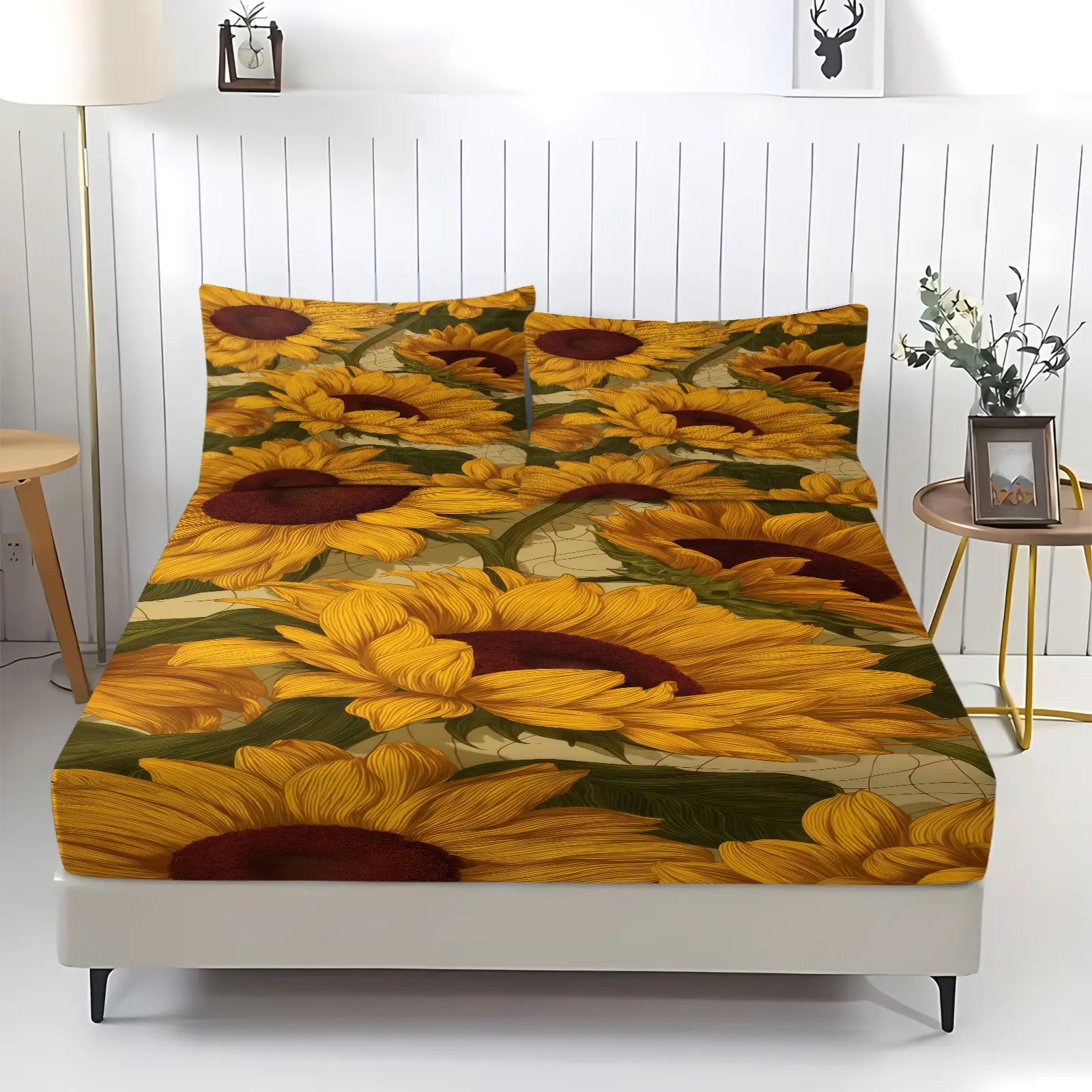 Fruit sunflower printed pattern bed sheet, including 1 bed sheet and 2 pillowcases, comfortable bedding, non slip dust cover suitable for bedrooms and guest rooms, suitable for children or adult gifts