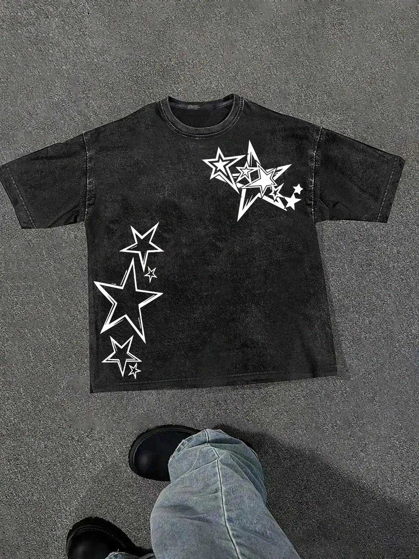 Men's Summer Star Pattern Print Casual Streetwear Style Short Sleeve T-Shirt, 100% Pure Cotton, Outdoor Leisure Wear, Loose Fit