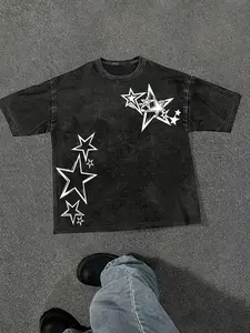 Men's Summer Star Pattern Print Casual Streetwear Style Short Sleeve T-Shirt, 100% Pure Cotton, Outdoor Leisure Wear, Loose Fit