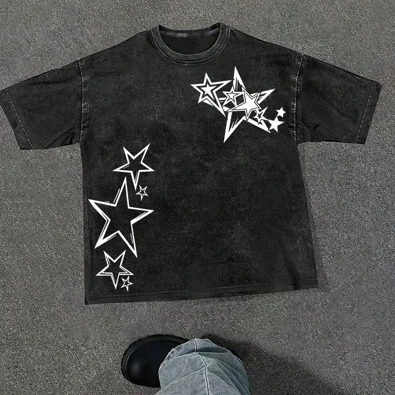 Men's Summer Star Pattern Casual Streetwear Style Short Sleeve T-Shirt, 100% Pure Cotton, Outdoor Leisure Wear, Loose Fit, Oversized, Crew Neck Streetwear