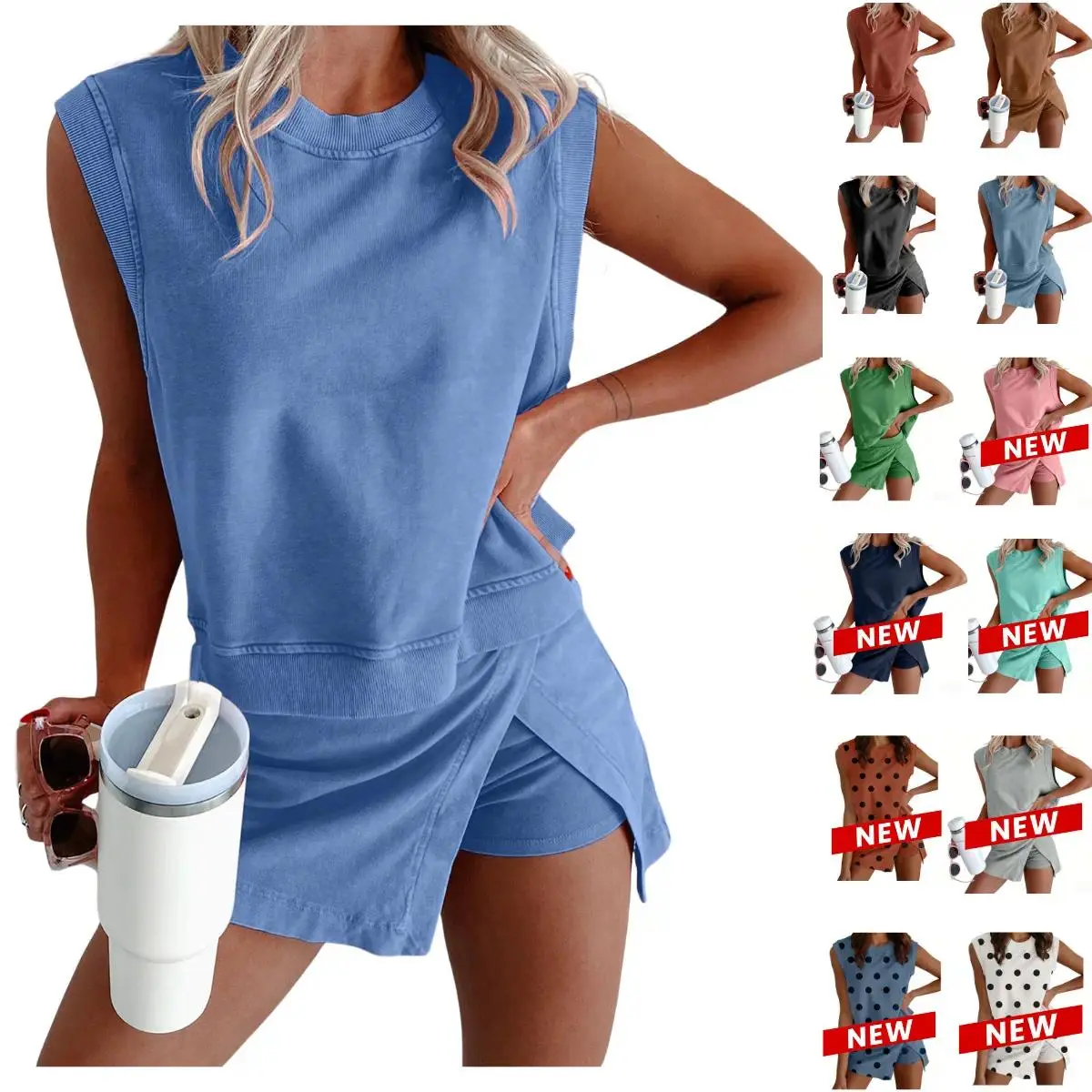 Womens 2 Piece Washed Cotton Outfits Tank Top Skort Set Casual Summer Tracksuit with Side Slit & Built-in Shorts, 2 Piece Sets, Athleisure,summerwins