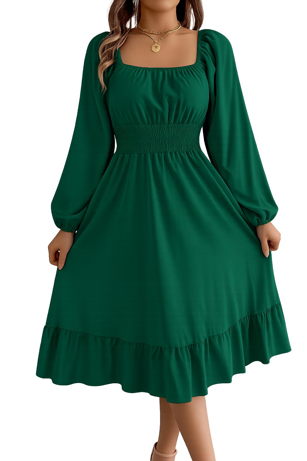 2026 Spring and Summer Leisure Solid Color Square Collar Long Sleeve Waist-Cinched A-Line Skirt