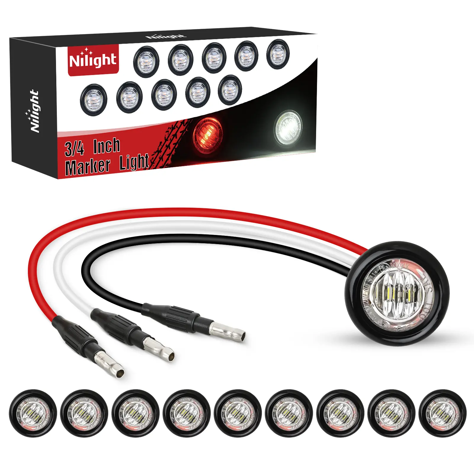 Nilight 3/4-Inch Bullet Shape Dual Color Marker Lights (10PCS), 12V Plug & Play 3-Plug IP68 Rated Reinforced PC Lights for All 12V Vehicles, Red-to-White Brake Signals