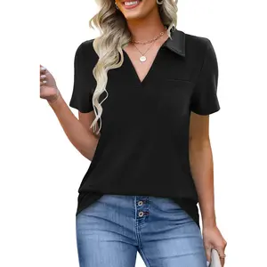 Women's Polo Shirts Collared Work Tops Short Sleeve Business Casual Dressy Blouses Summer Tops with Pocket(Gift)