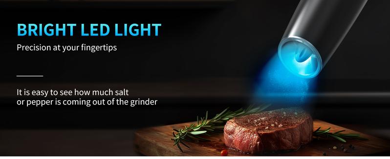 2pcs Gravity-sensing Electric Salt And Pepper Grinder Set, Battery-powered LED Light, One-hand Operation,Local Warehouse, Adjustable Coarseness Grinder, Black Kitchen Gadget, (Grinders Only, No Salt or Pepper Included)