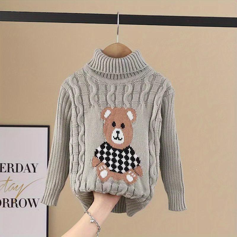 1pc Kids Cartoon Bear Turtleneck Sweater - 100% Acrylic Knit Fabric, Casual High Neck, Skinny Fit, Long Sleeve, Regular Length - Boys and Girls Fall/Winter Pullover Sweater