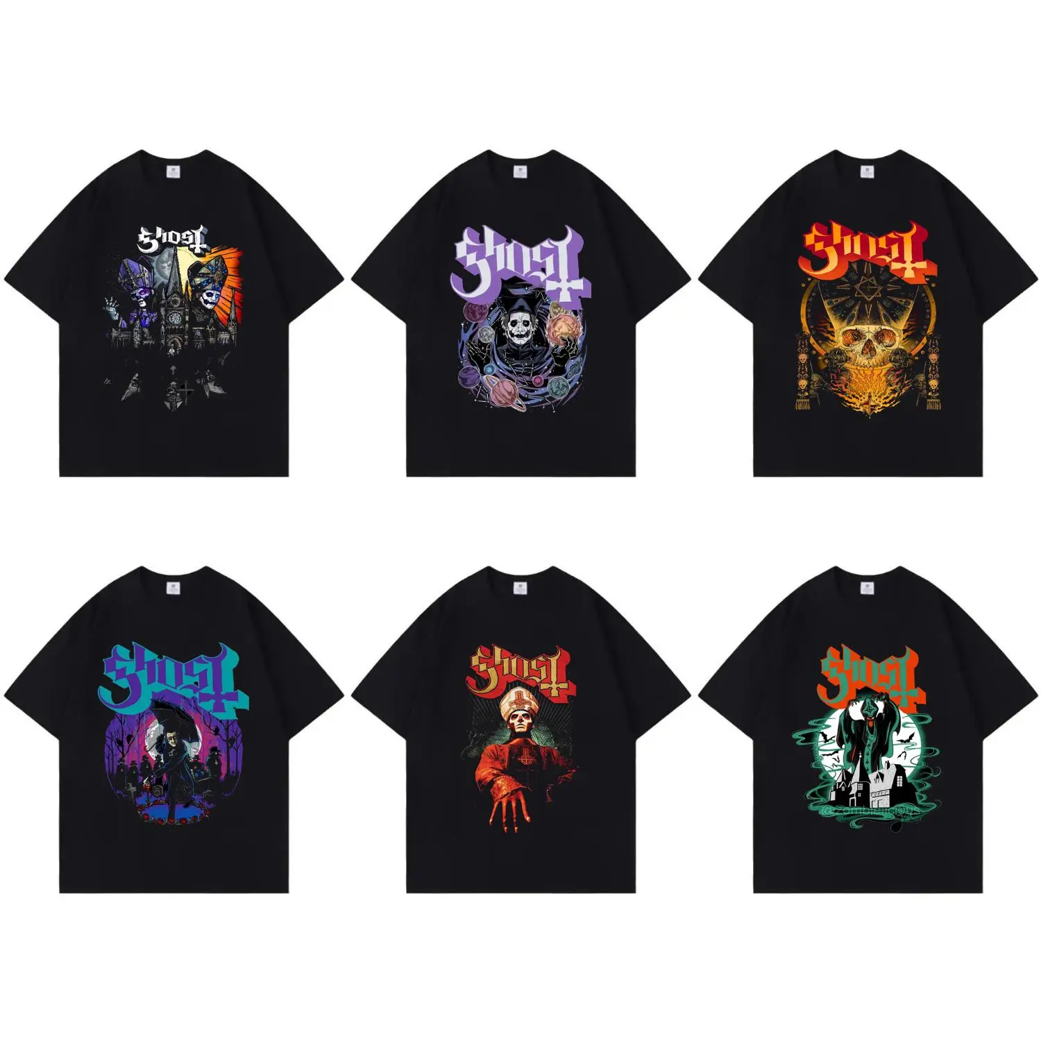 Fashion Ghost Band Oversized Creative Design Colorful Streetwear Crew Neck Pure Cotton Soft T-shirt Women Men Unisex Summer Comfortable and Stylish Items Holiday Gifts Father's Day