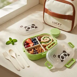 Reusable Plastic Divided Bento Lunch Box For Kids Students Cute Large Capacity Removable 3 Grids Lunch Container Microwave Safe