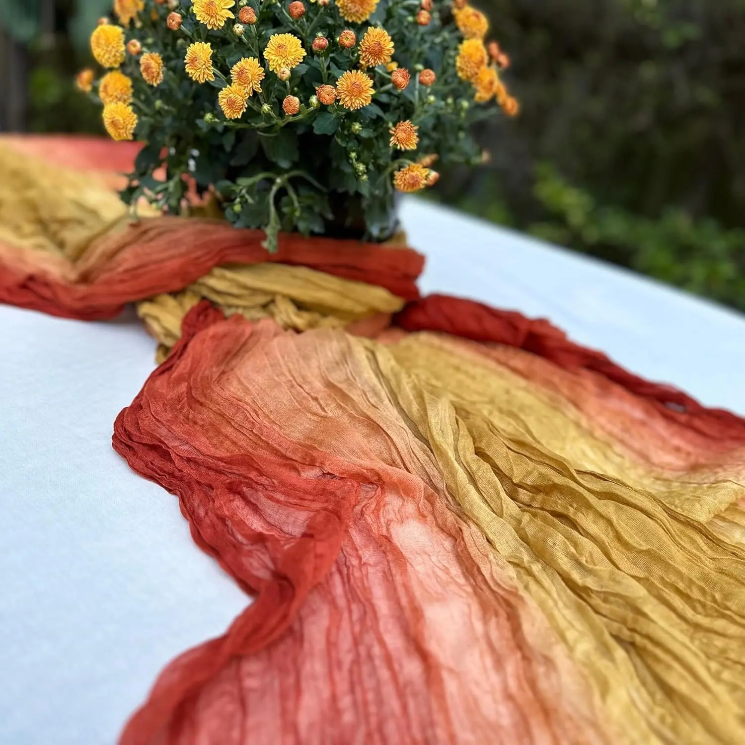 Multi Color Fade Cheesecloth Table Runner- These Boho, Natural, Light Cheesecloth Runners for Your Wedding, Shower, Party or Special Occasion (Rustic Earth & Boho) (Sunset Yellow to Red)