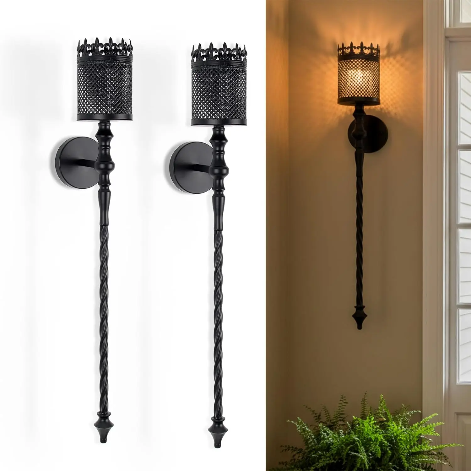 Candle Sconces Set of 2 Long Wall Candle Holders Large Black Gothic Vintage Wall Sconce Decoration for Dining Room, Living Room, Office, Bathroom