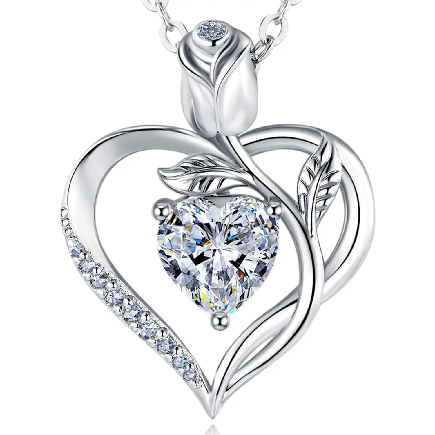 Rose Heart Necklace Option of Moissanite or Lab-Grown Sapphire Ruby Emerald&More Necklace for Women Birthstone Girlfriend Necklace S925 Sterling Silver 18K White/Rose Gold Plated D Color VVS1 Gift for Wife Mother Daughter for Birthday
