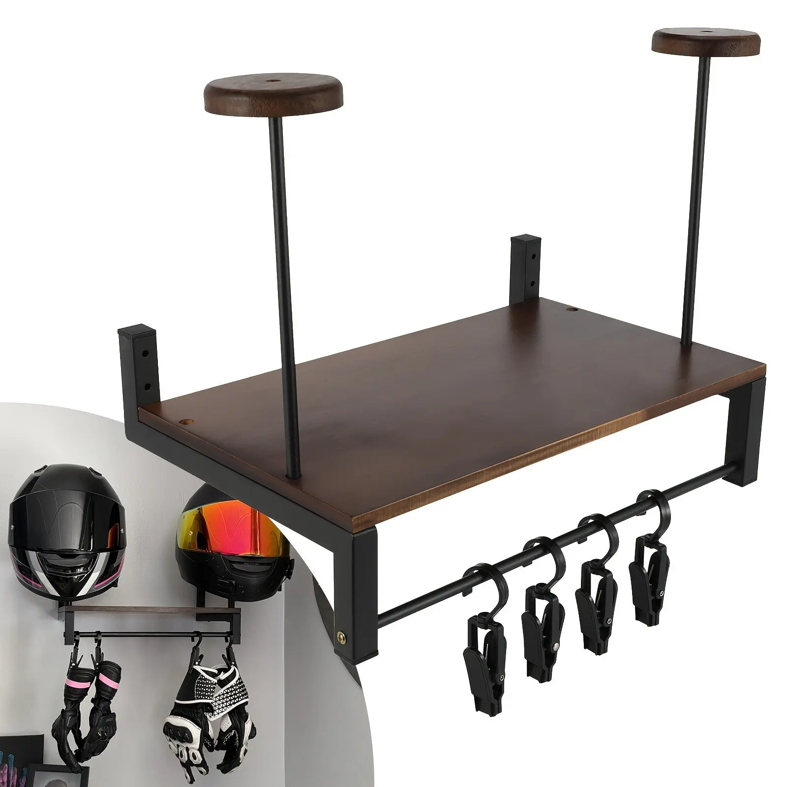 Motorcycle Helmet Holder Wall Mount, 4 Glove Clips, Gear Rack Storage, Accessories Organizer, Entryway or Garage, Motorcycle Essentials