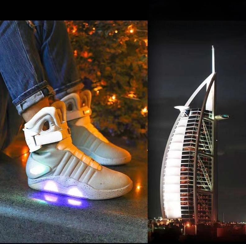 Stylish White USB-Rechargeable Glow-in-the-Dark High-Top Sneakers with Neon Lights & Stripes for Street Dancing & Nighttime Exercise back  to  the  future  shoes