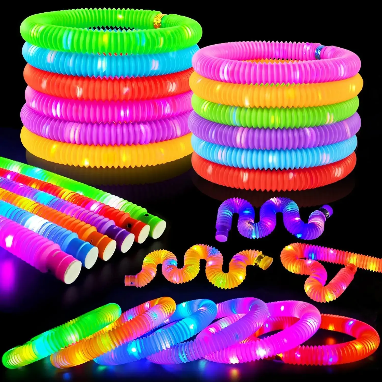 24-piece glow stick and LED pop-up tube set, suitable for children ages 4–8; glow-in-the-dark party favors; bridesmaid and wedding decorations; gifts for Halloween, weddings, birthdays, and Valentine’s Day; party favor bag fillers; adjustable modes: stead