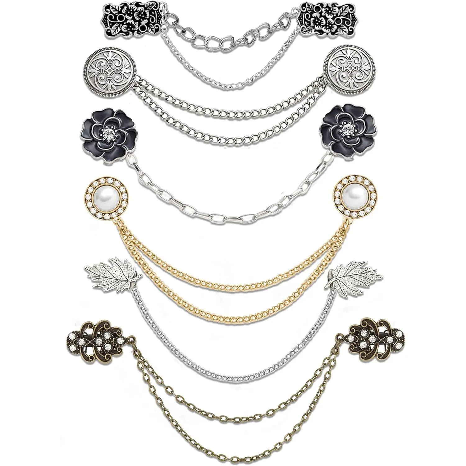 Vintage Sweater Shawl Clip Chain Antique Retro Cardigan Dress Cloak Collar Lapel Brooch Pin With Hanging Chain Rose Flower Leaf Pearl CZ Shirt Suit Holder Clasp Accessories Gift  Women Men