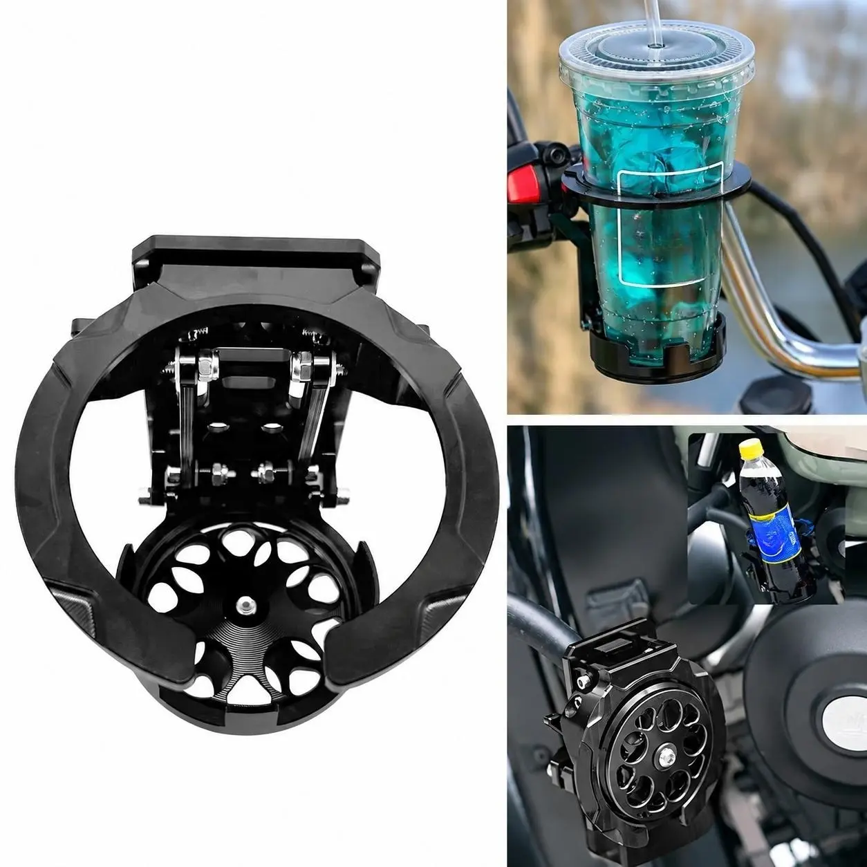 Foldable Motorcycle Cup Holder, Universal Handlebar Drink Holder for Water Bottles, Motorcycle Beverage Mount Accessories for Electric Bikes, Scooters and Vehicles, Black