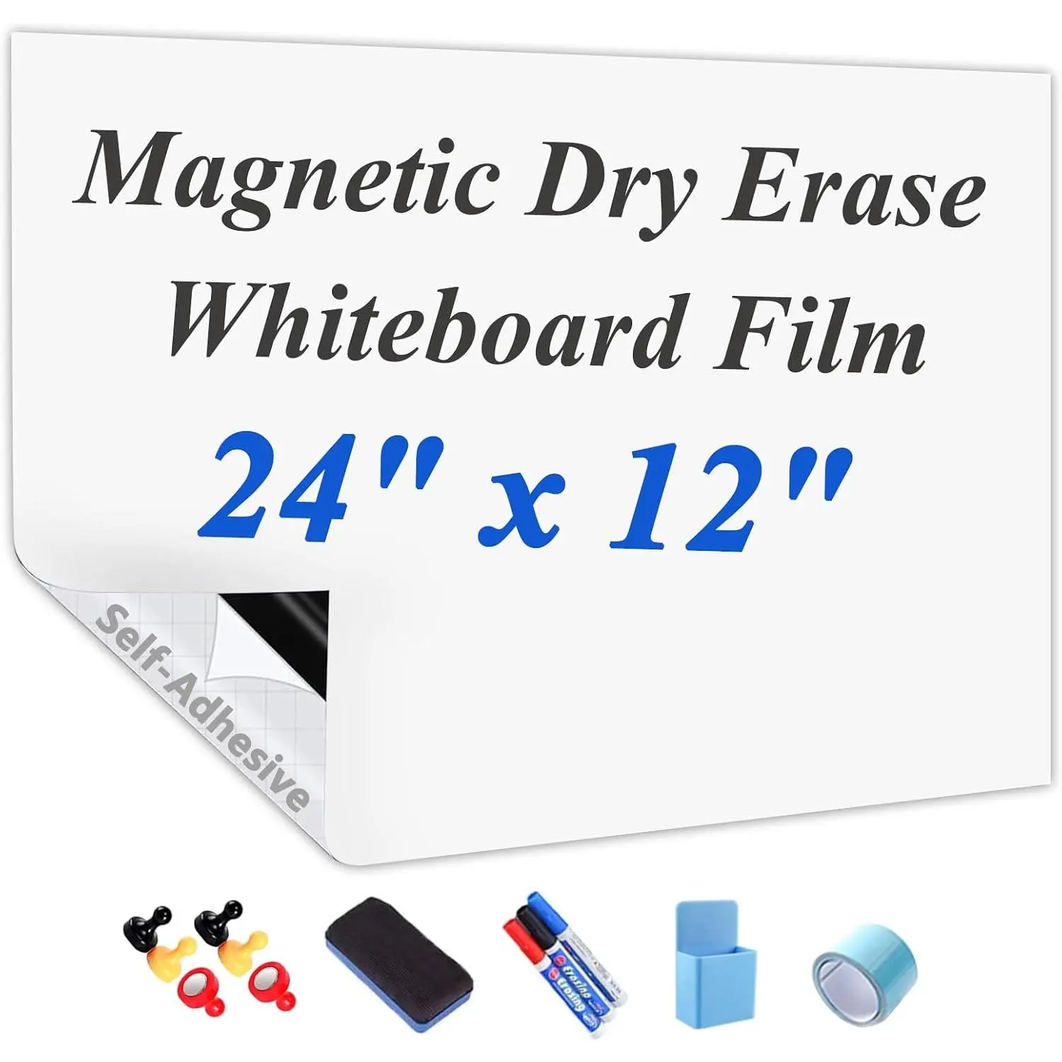 Self-Adhesive  Dry Erase Whiteboard Sticker, 24" x 12" | Peel and Stick  White Board Wall Decal, Includes Marker, Eraser &  for , Office & Classroom