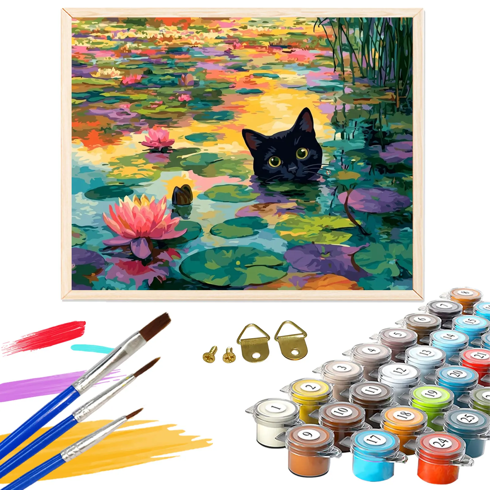 Paint By Numbers Kit for Adults Beginners - 16x20in / 40x50cm Color Canvas, Easy DIY The Little Cat in The Pond Acrylic Painting Set - Wall Decor for Living Room and Bedroom, Creative Gift for Birthday, Mother's Day and Christmas, Without Frame