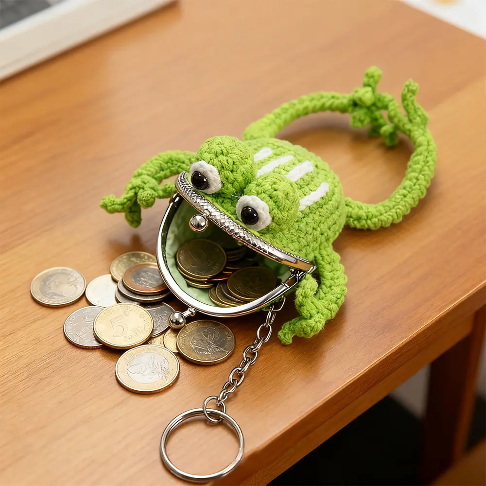 Hand Knitted Colorful Drawstring Pouch, Cute Big Mouth Frog Travel Storage Bag, Handmade Knit Coin Purse