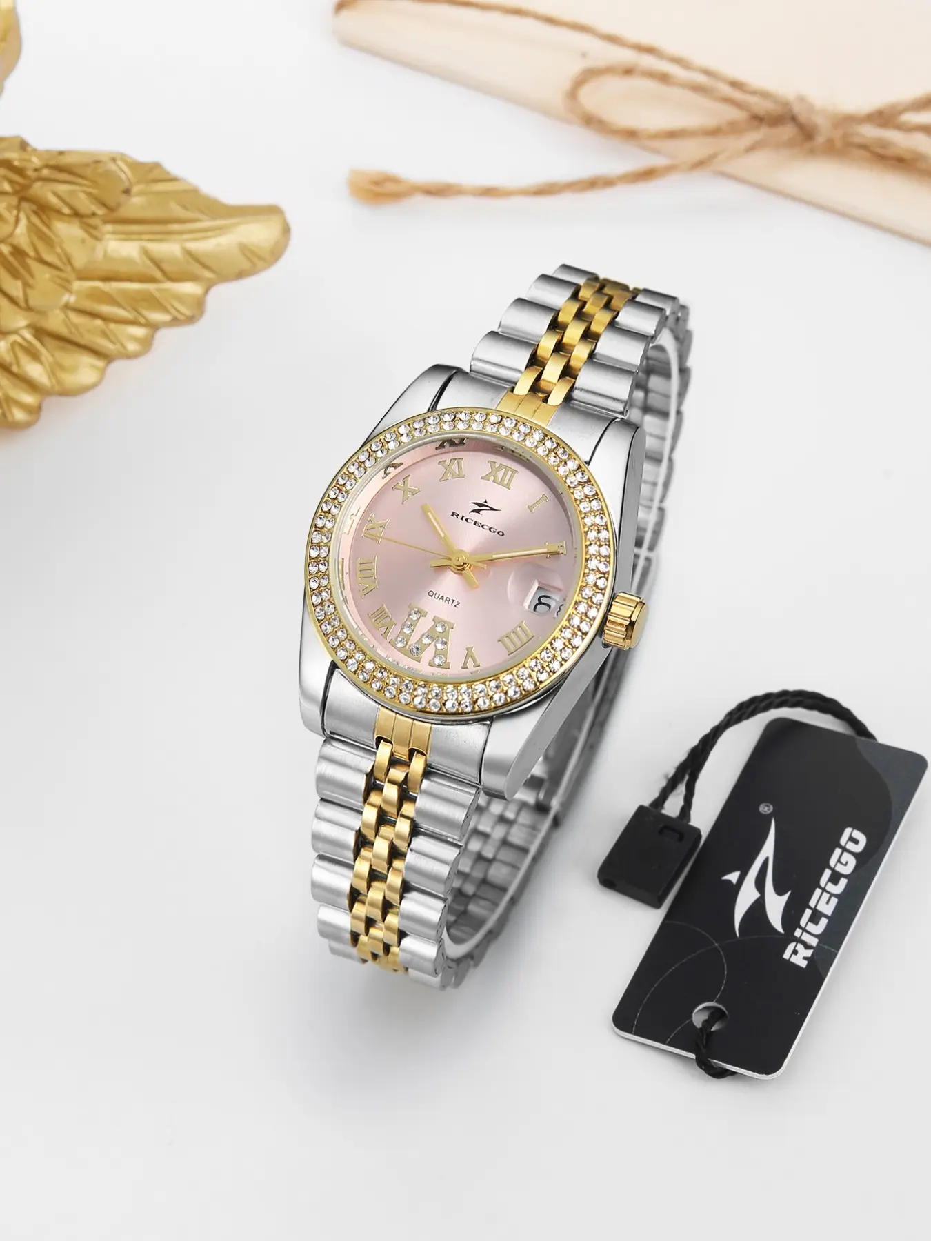 Elegant Two-Tone Steel Strap Quartz Watch for Women, Soft Dial with Roman Numerals, Sparkling Diamond Bezel, Perfect for Office and Daily Wear