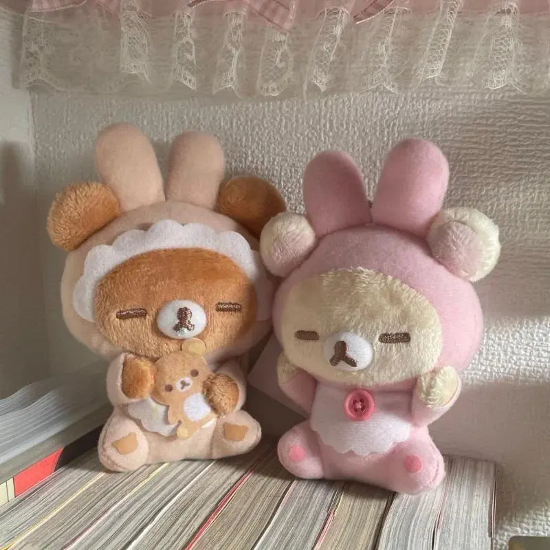 Small Kawaii Rilakkuma Bear-Rabbit Ear Plush Keychain, Soft Stuffed Animal Doll for Party Bag Gifts, Home Decoration & Pajamas Accessory