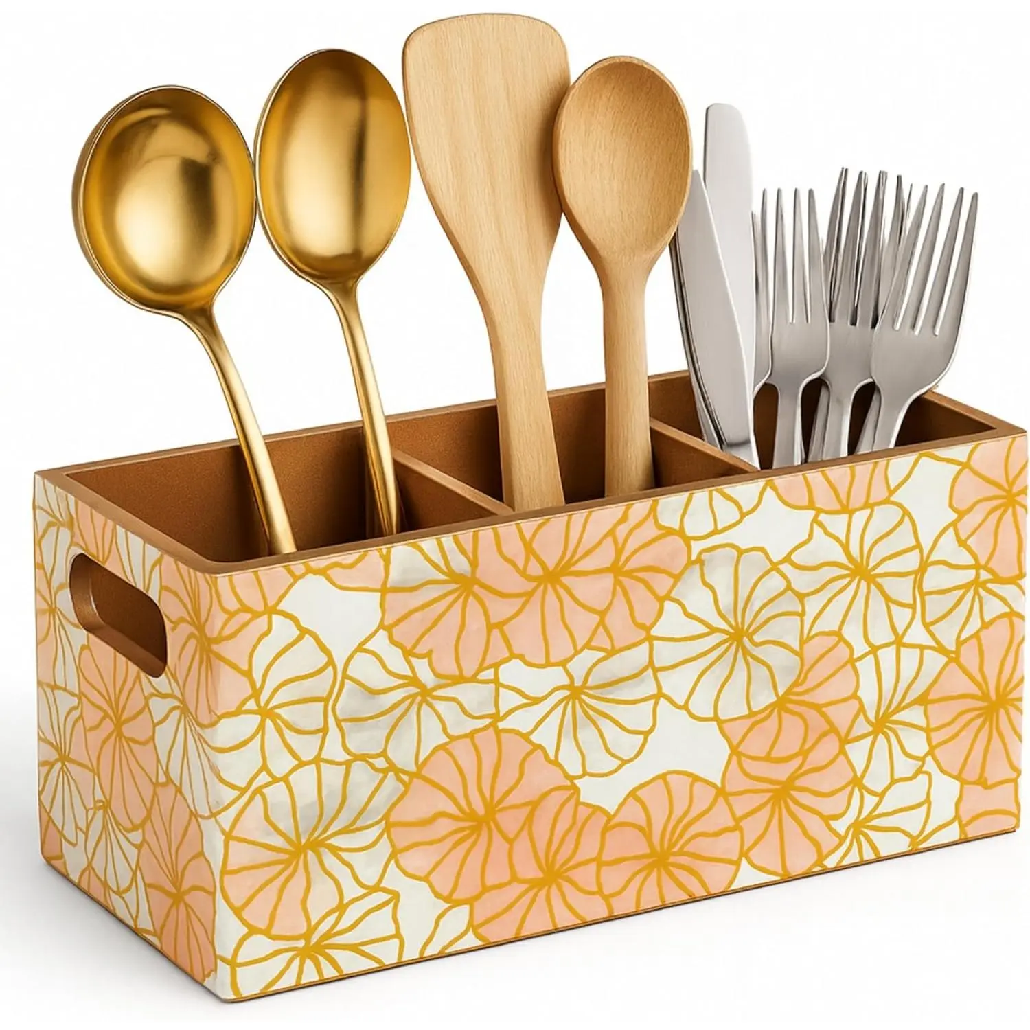 Wooden Utensil Holder for Kitchen Countertop with Handles | 3 Compartment Kitchen Utensil Organizer | Wooden Spoon & Cutlery Holder |  Kitchen Décor | Silverware  | Printed & Enamelled