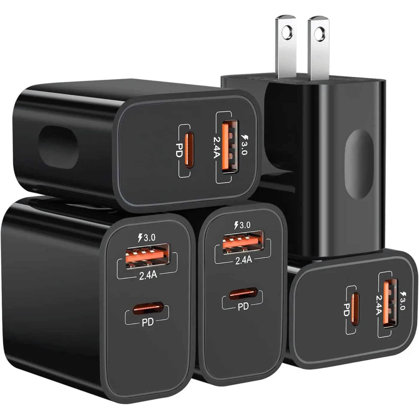 20W USB C  Charger+Quick  Charger 3.0 Wall Charger,  5 Pack  Port PD   Block Power Adapter Compatible  17/16/15/14/13/12/11 Pro Max/XS/SE/Plus,  S20 (Black)