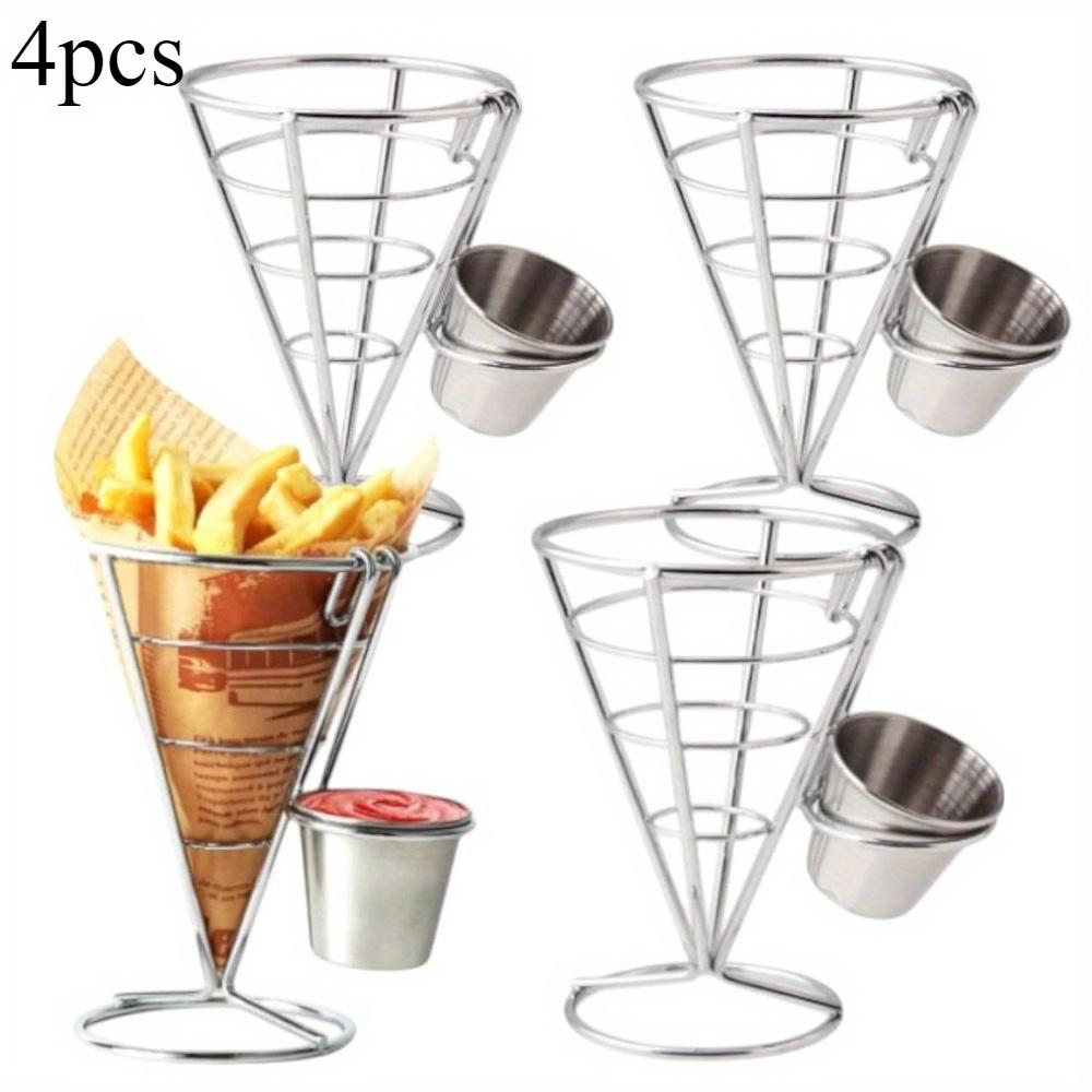 For Kitchen, Restaurant, Picnic & Parties, French Fries & Dessert Serving Solution, 4 Pcs Stainless Steel French Fry Holders with Sauce Cups, Elegant Line Design, Effortlessly Create Exquisite Dining Experience, Party Tableware Supplies
