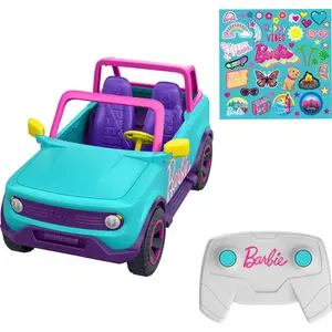 Hot Wheels Barbie RC SUV & Stickers, Can Hold & Store 2 Barbie Dolls & Accessories, Kid-Applied Stickers for Customization