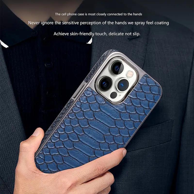 Snake Skin Pattern Phone Case, Electroplated Frame Slim Premium Faux Leather Cover, Shockproof Full Protective Case for iPhone 16/15 Pro Max