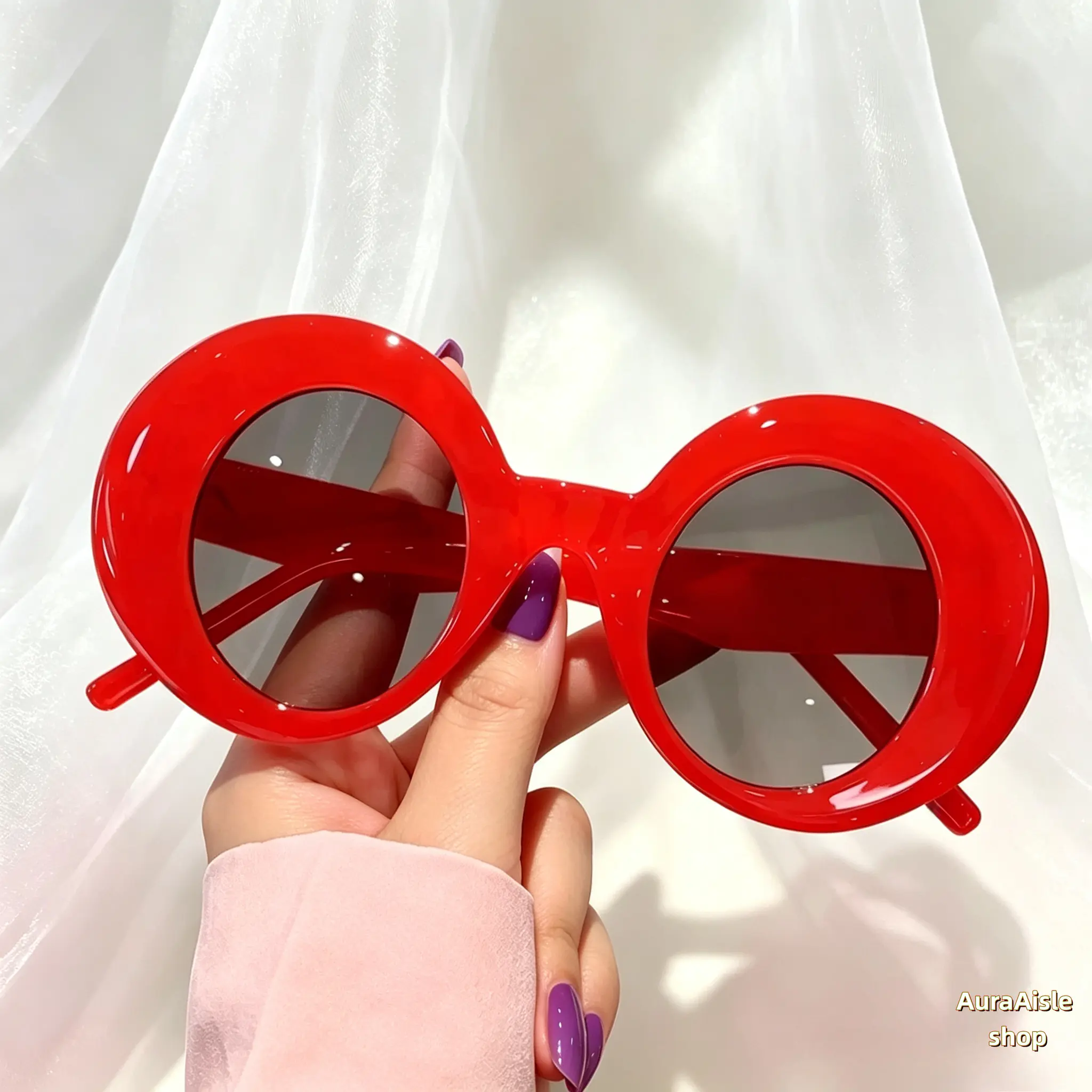 Unisex Retro Bold Oversized Thick-Rim Round Frame Sunglasses - Glossy Finish Polycarbonate UV Protection Anti-Glare Lightweight Party Wear Eyewear for Street Style Vacation