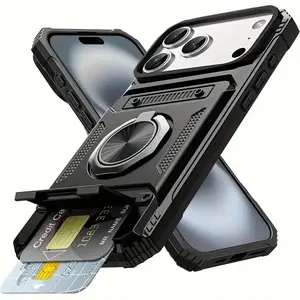 Heavy Duty Resistant Hard Smartphone Case with Metal Holder, Hidden Dual Card Slot – Accessories for iPhone 17 Air, 17, 16, 15, 14, 13, 11 Pro Max Plus Handheld Cellphone Devices
