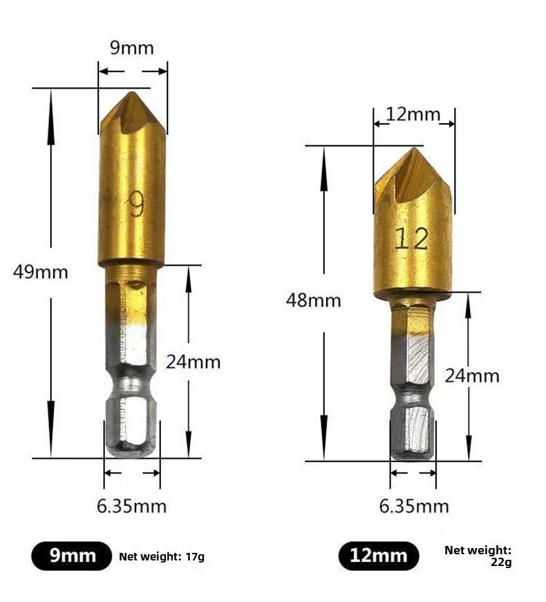 Six-piece woodworking chamfering tool set, five-blade chamfering knife, wood countersink drill, deburring tool, woodworking hole opener set