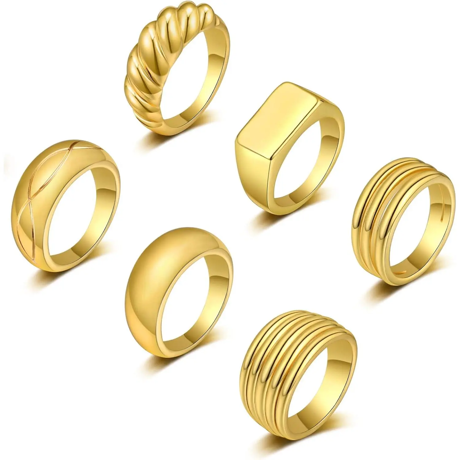6 count 18K Gold Plated Thick Dome Chunky Rings for Women Braided Twisted Signet Chunky Gold Ring Set Minimalist Statement Ring Jewelry Size 5-10