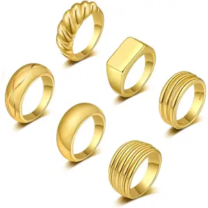 6 count 18K Gold Plated Thick Dome Chunky Rings for Women Braided Twisted Signet Chunky Gold Ring Set Minimalist Statement Ring Jewelry Size 5-10