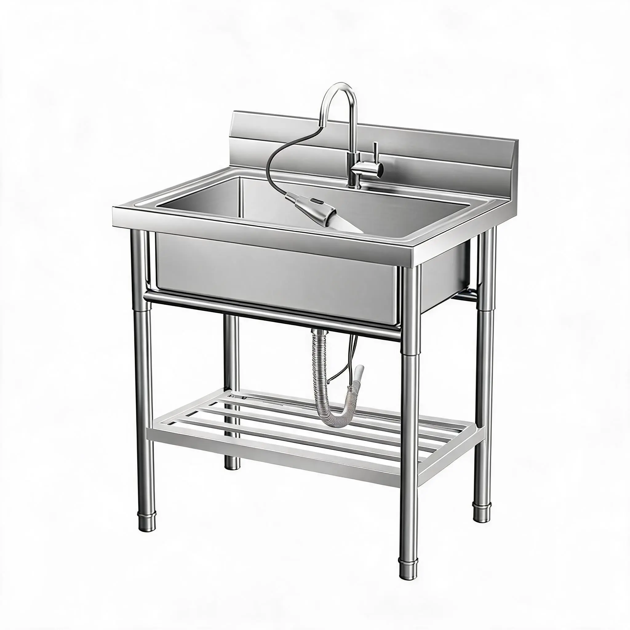 Stainless Steel Utility Sink, Free Standing Single Bowl Laundry Sink With Cold And Hot Water Pipes&Pull-Down Faucet Commercial Sink For Restaurant Bar Cafe And Hotel, Indoor and Outdoor Sink