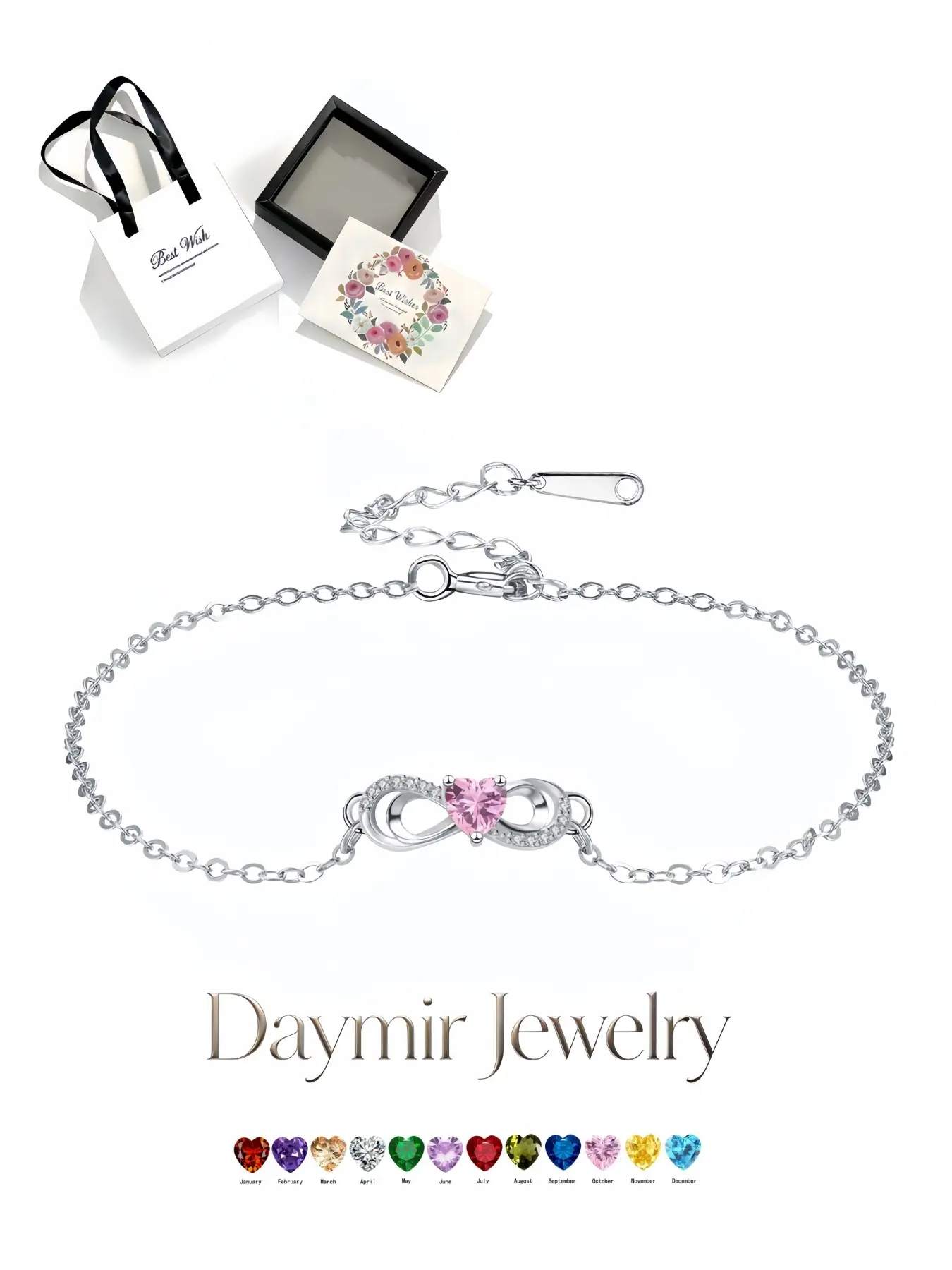Everlasting Single Heart Adjustable Bracelet, elegant birthstone infinity jewelry brightening skin tone for ladies. Matched with exquisite drawer jewelry box, ideal gifts for birthdays, Mother’s Day, Valentine’s Day, Christmas and anniversaries.