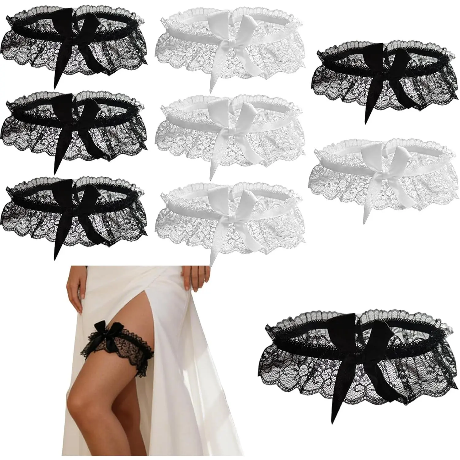 8 PCS Wedding Garter Set for Bride Lace Garter Belt with Bowknot Handmade Elastic Leg Ring Soft Wrinkles Sleeve Thigh Garter Party Prom Wedding Decorate Accessories for Women Girls (Black White )