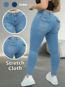 Elastic Fitted High-Waist Women's Jeans, Pocket Design Light Wash Skinny Conceal Fat Slim Fit Denim Jeans, Daily Versatile Pear Shape Friendly