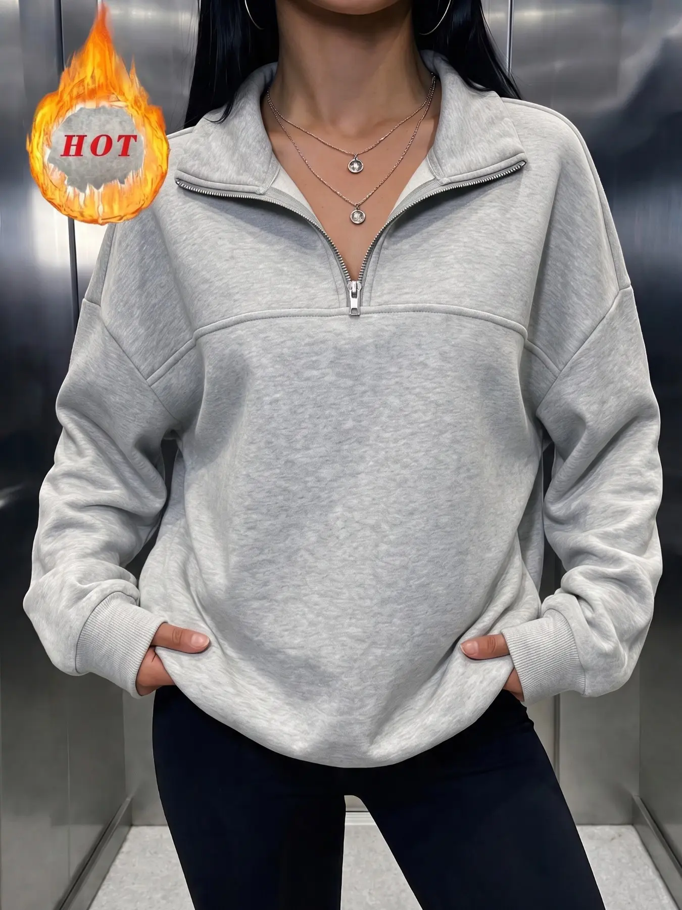 Women Casual Heather Grey Quarter Half Zip Pullover Sweatshirt, Loose Drop‑Shoulder Long Sleeve Fleece Lined Sweatshirt Streetwear Top For Daily Outing