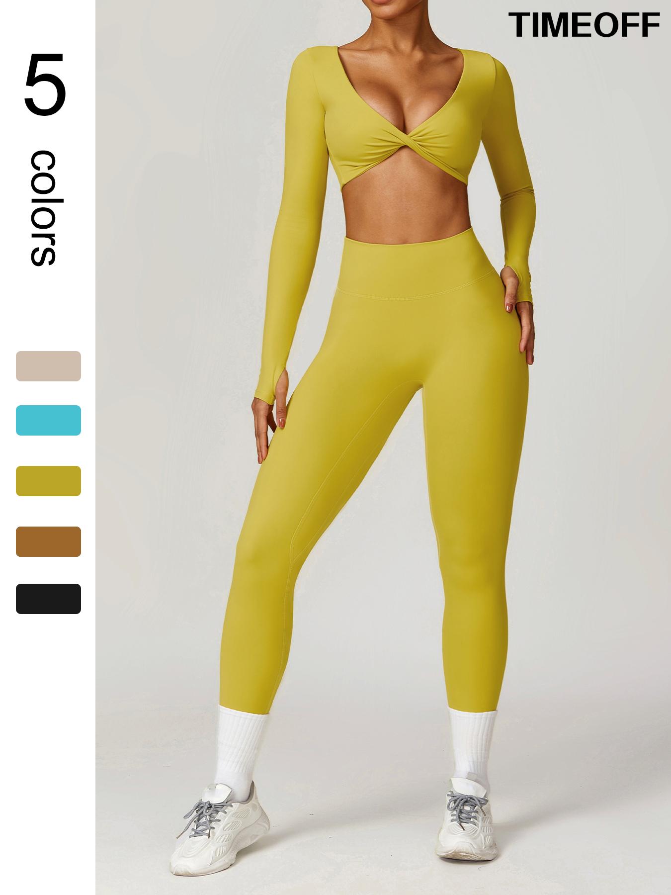 TIMEOFF Jinammonia fabric skin-friendly soft quick-drying breathable Women's Butterfly-shaped Pleated Low-cut Long-sleeved High-waist Hip-lifting Trousers Yoga suit Outdoor Running and Cycling Fashion suit Gym Sports Training All-match Long-sleeved Trouse
